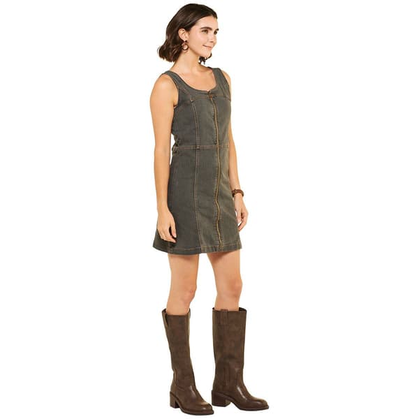 Womens Bebe Sleeveless Denim Square Neck Full Zip A-Line Dress