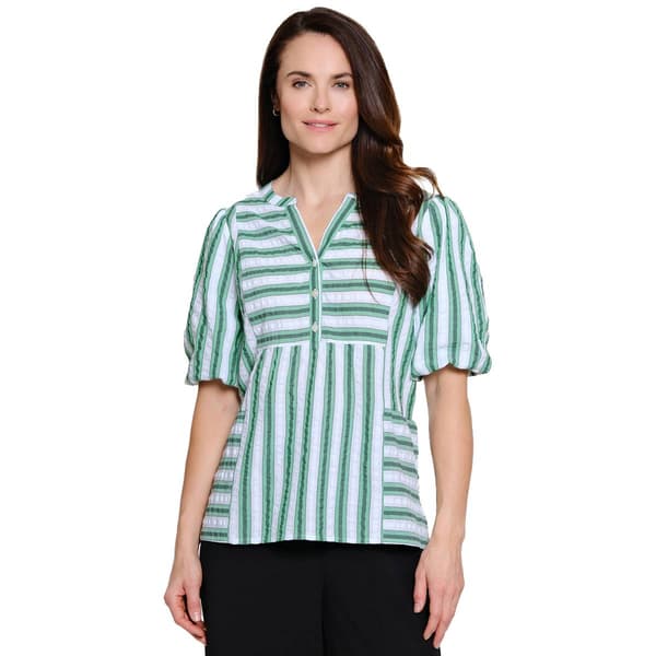 Womens Ali Miles Bubble Sleeve Multi Stripe Pop Over Blouse