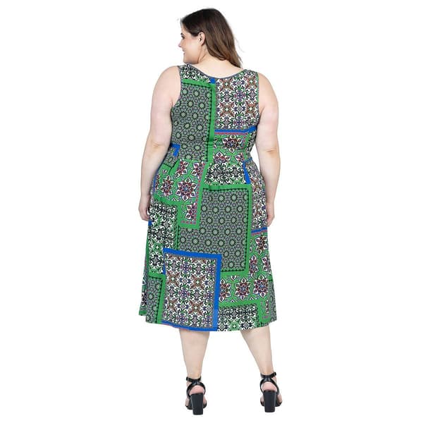 Plus Size 24/7 Comfort Apparel Scarf Print Fit & Flare Midi Dress