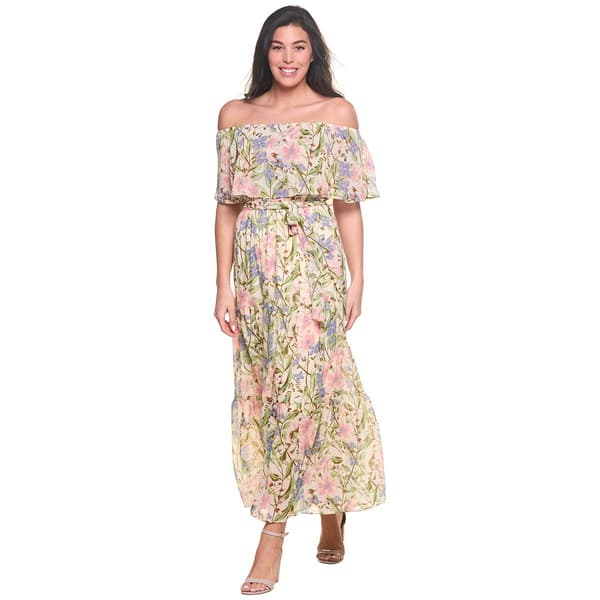 Womens Violet B Off Shoulder Print Chiffon Tier Dress - image 