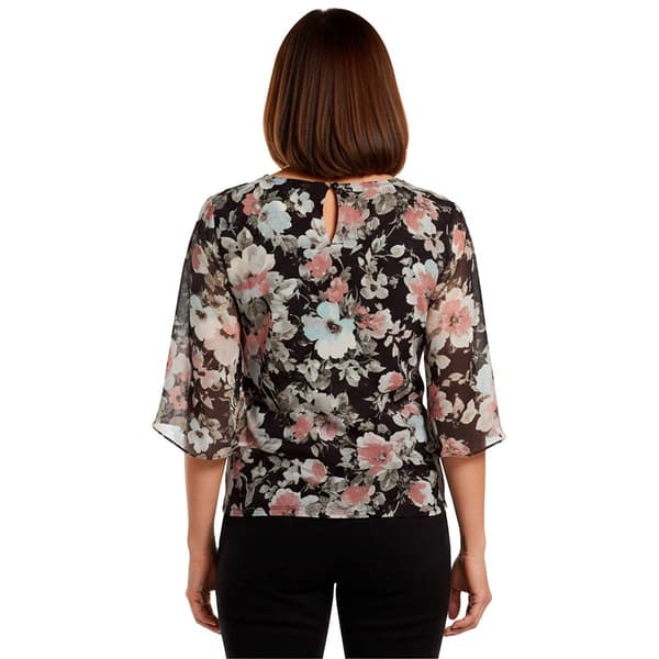 Petite Kasper 3/4 Sleeve Keyhole Neck Floral Tie Waist Blouse