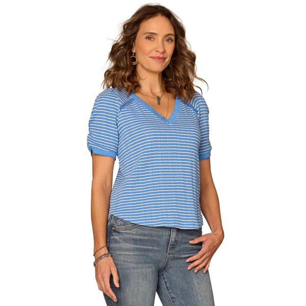 Womens Democracy Short Ruch Sleeve V Neck Stripe Blouse - image 