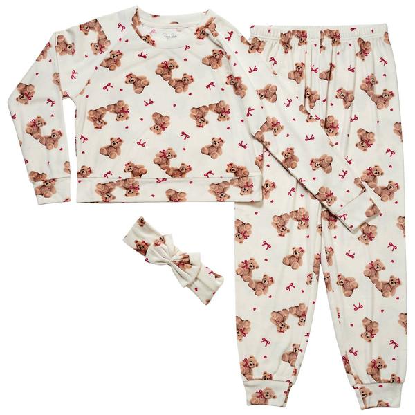 Girls Rene Rofe(R) 3pc. Bear/Bow & Heart Velour Snug Fit Pajama - image 