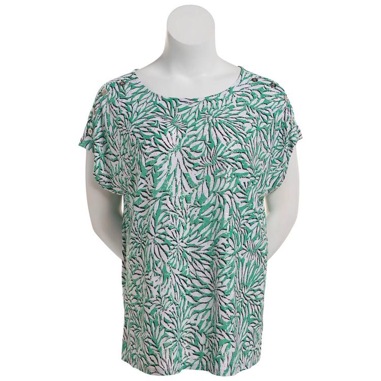 Plus Size Emily Daniels Short Sleeve Tropical Leaf Button Blouse