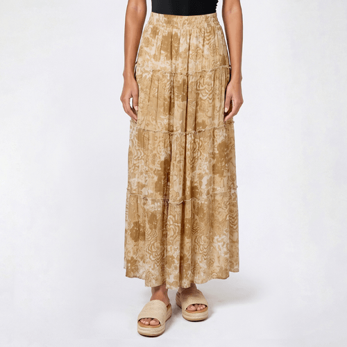 Juniors Pink Rose Gauze Print Tier Elastic Waist Skirt - image 