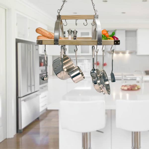 Elegant Designs 2 Bulb Wood & Nickel Pot Rack w/Downlights
