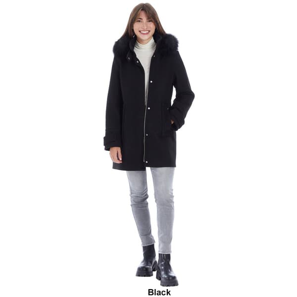Womens Nine West Faux Wool Duffle w/Faux Fur Trimmed Hood