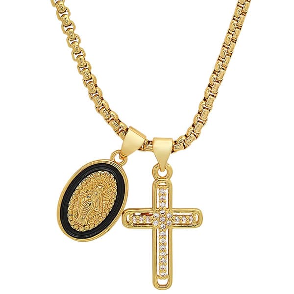 Mens Steeltime 18kt. Gold Plated Virgin Mary and Cross Necklace - image 