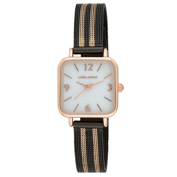 Womens Laura Ashley(R) Black Stripe Mesh Band/White Watch-LA2062BK