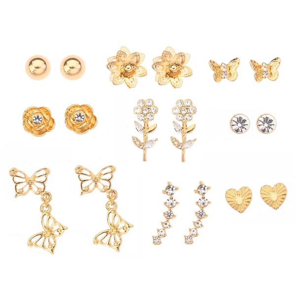Ashley 9pc. Gold Butterfly/Flower Stud Earring Set - image 