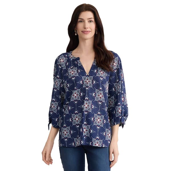 Womens Jones New York Elbow Tie Sleeve Floral Blouse