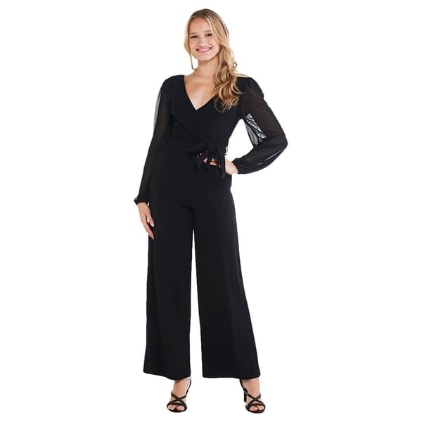Juniors Almost Famous&#40;tm&#41; Mesh Sleeve Liverpool Wrap Jumpsuit w/Sash - image 
