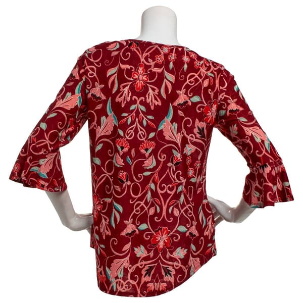 Womens Notations 3/4 Ruffle Sleeve Floral Bar Neck Blouse