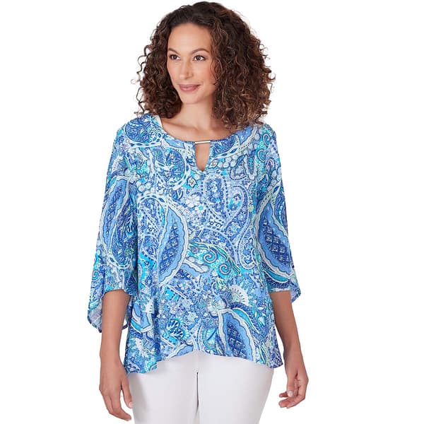 Womens Ruby Rd. Bali Blue Knit Turkish Paisley 3/4 Sleeve Blouse - Boscov's