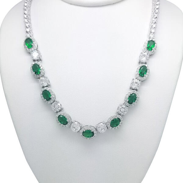 Silver Plated Lab Emerald Oval Cubic Zirconia Necklace - image 