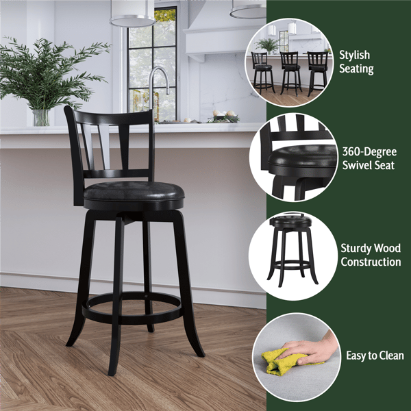 HH2 Home Presque Isle Black Wood Counter Height Swivel Stool