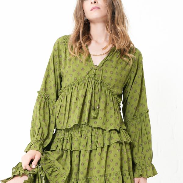 Womens MNK Baby Doll Medallion V-Neck Blouse with Tassels