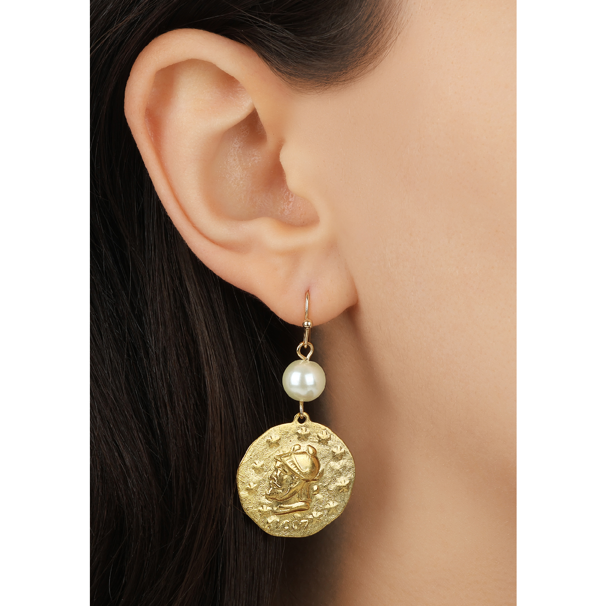1928 Faux Pearl & Gold-Tone Coin Dangle Earrings