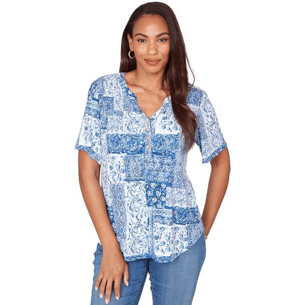 Womens Ruby Rd. French Riviera Elbow Sleeve Patchwork Henley Tee