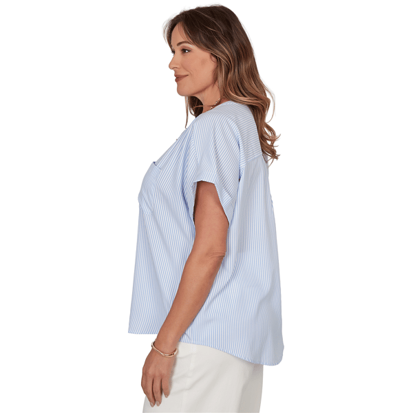 Plus Size Hearts of Palm Aqua Fresh Short Sleeve Stripe Blouse