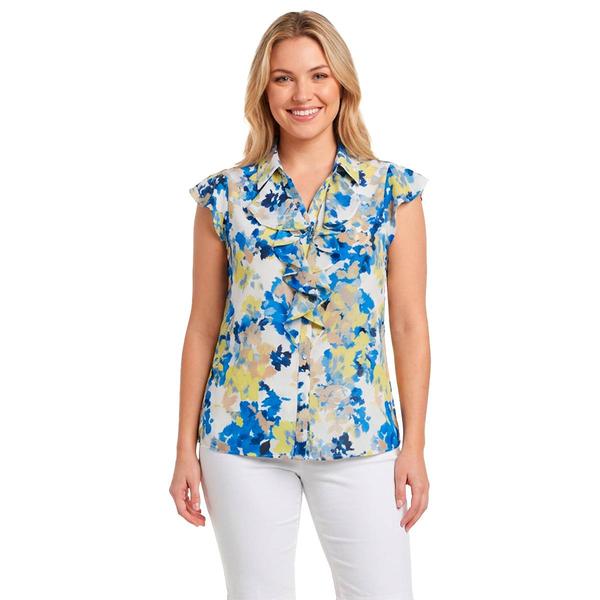 Womens Calvin Klein Cap Sleeve Ruffle Front Floral Blouse
