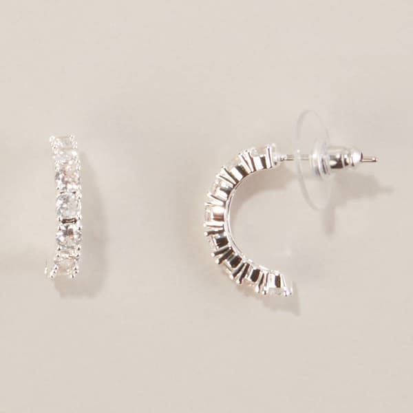 Design Collection Silver-Tone CZ Pave Half Hoop Earrings - image 