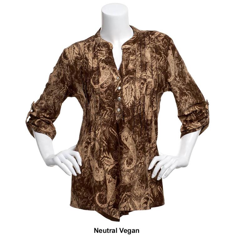 Womens Notations 3/4 Sleeve Paisley Pintuck Jacquard Blouse