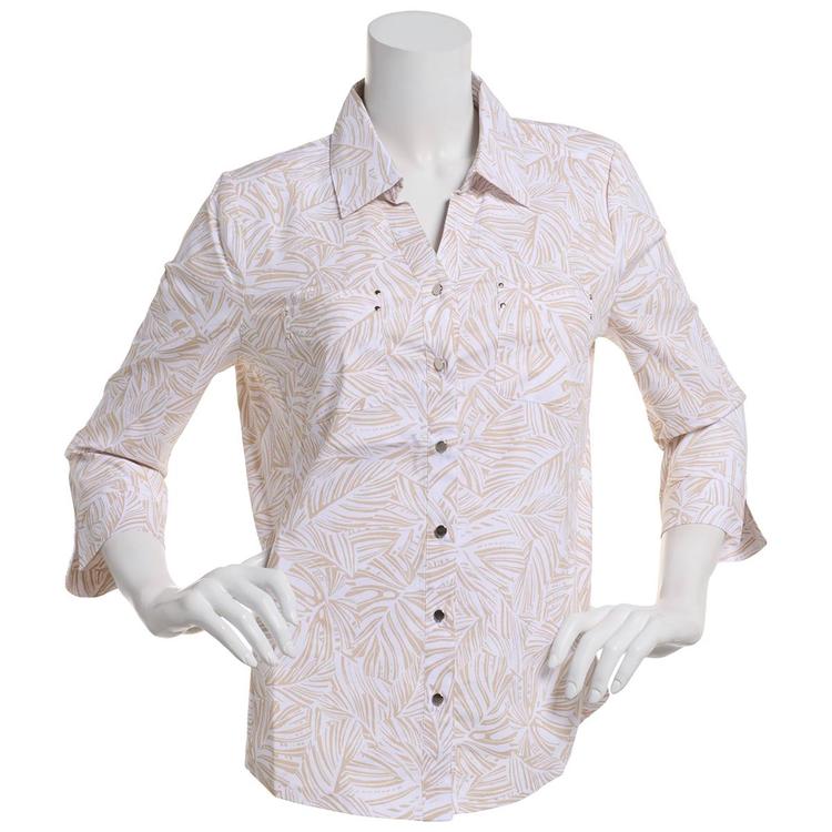 Plus Size Emily Daniels 3/4 Sleeve Knit To Fit Leaf Button Down
