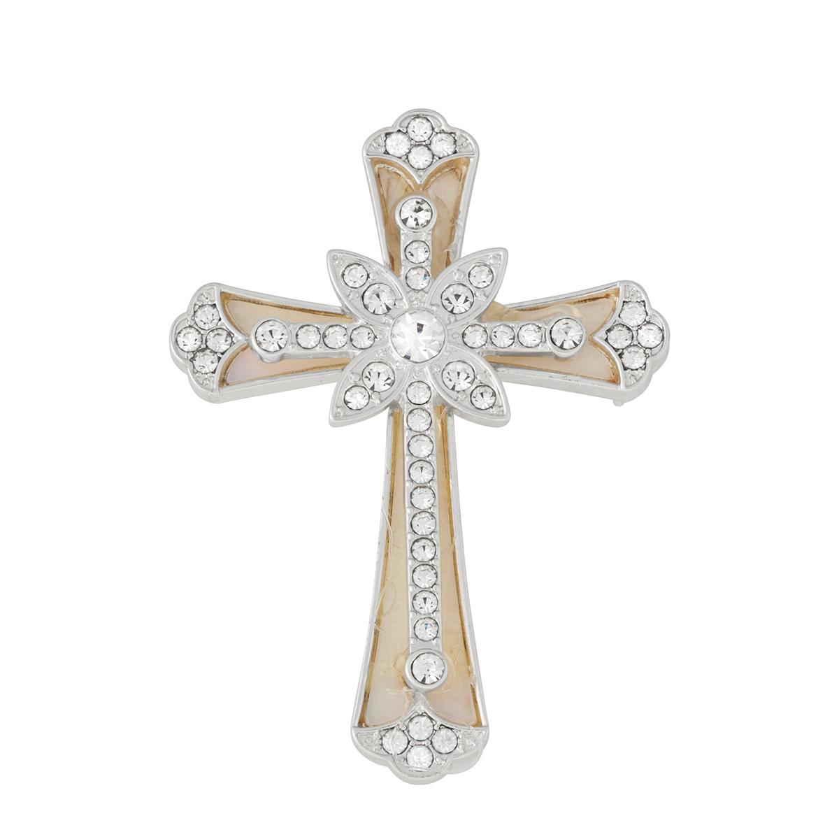 Napier Silver-Tone Pearl & Crystal Cross Pin