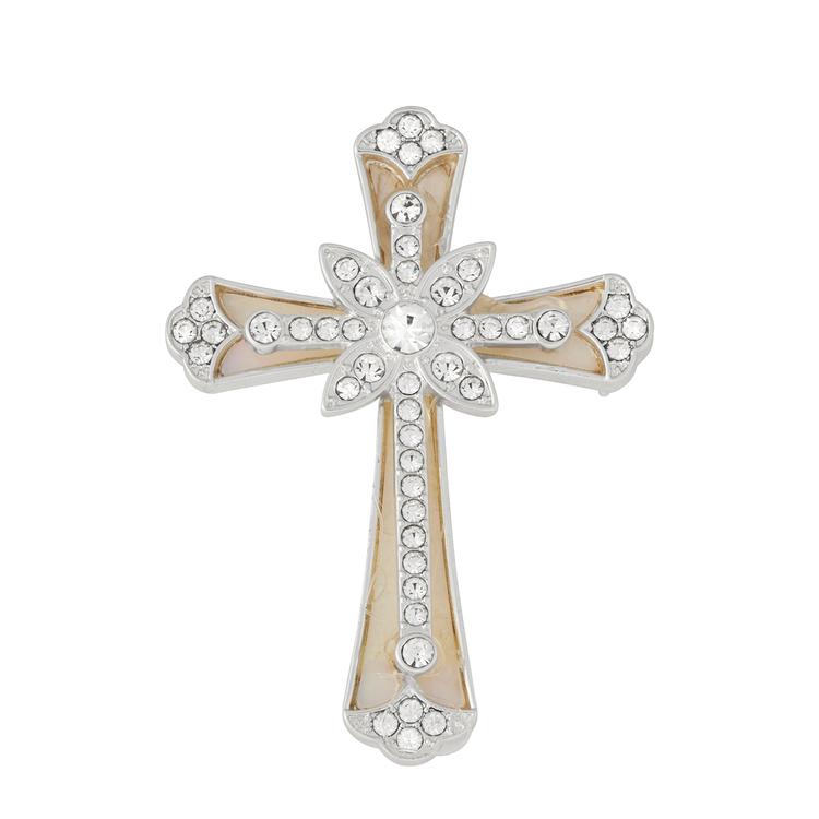 Napier Silver-Tone Pearl & Crystal Cross Pin