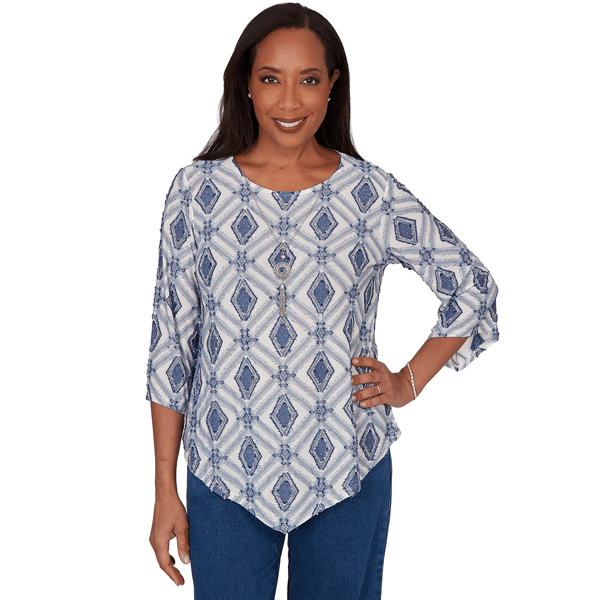 Petite Alfred Dunner Indigo Girls 3/4 Sleeve Diamond Blouse