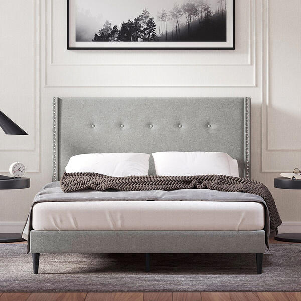 Rize Home MCM Upholstered Platform Bead Frame w/ Headboard - image 