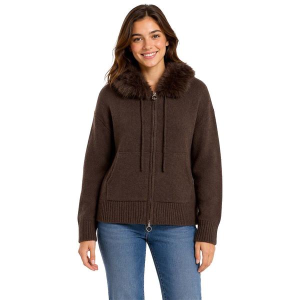 Juniors No Comment Detachable Fur Trim Sweater Zip Up Jacket - image 