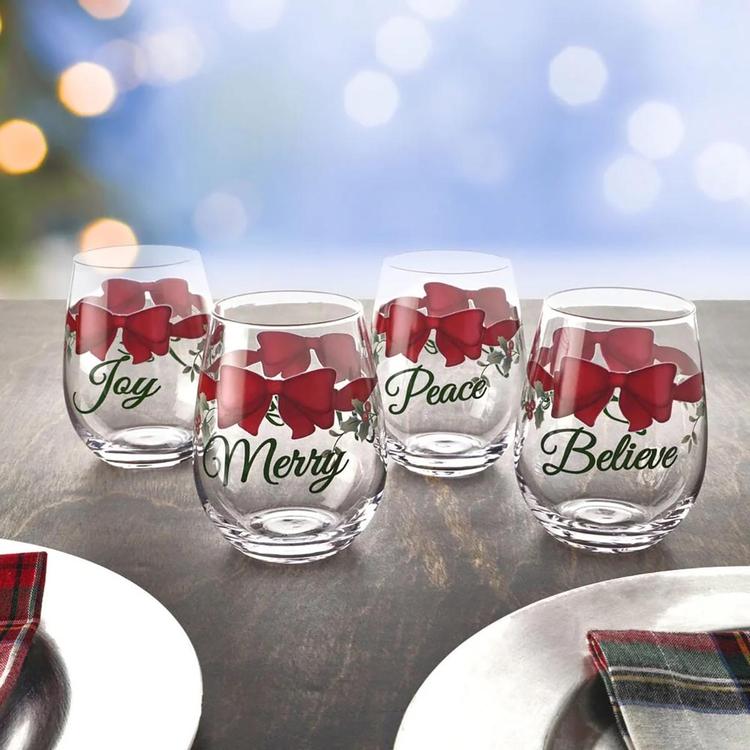 Pfaltzgraff® Berry Red Ribbon Stemless Wine Glasses - Set of 4