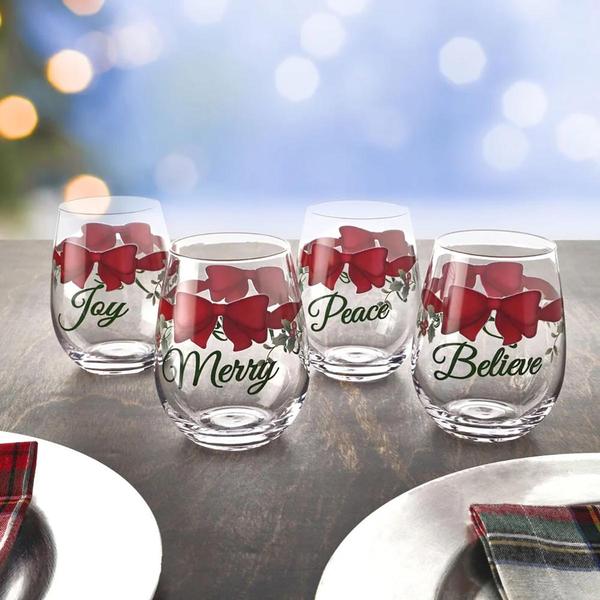 Pfaltzgraff® Berry Red Ribbon Stemless Wine Glasses - Set of 4
