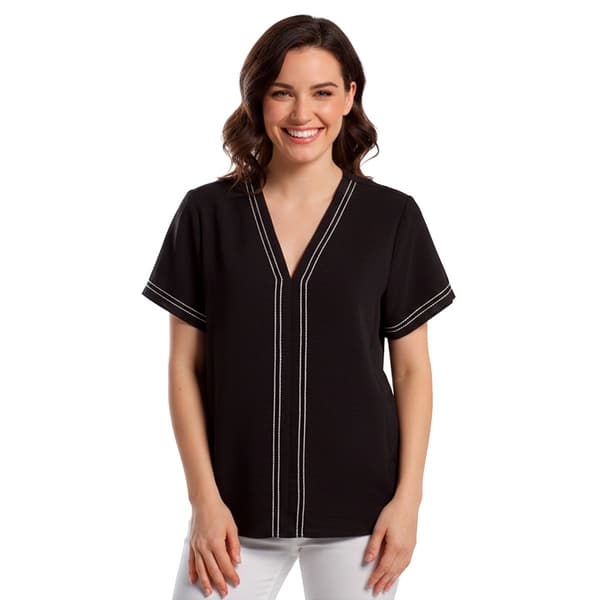 Womens Adrianna Papell Short Sleeve Contrast Topstitching Blouse