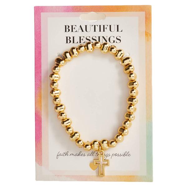 Beautiful Blessings Beaded Gold-Tone Bracelet w/ Cross Charm - image 