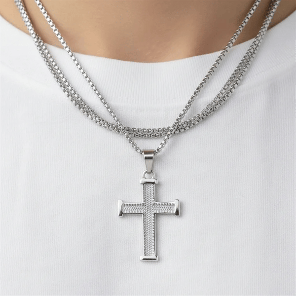 Mens Iron Saints Textured Silver Cross Box Chain Necklace