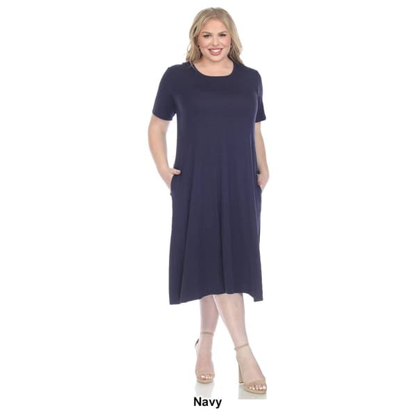 Plus Size White Mark Short Sleeve Pocket Swing Midi Dress