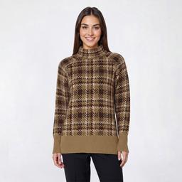Womens Inner Circle Long Sleeve Plaid Mock Neck Sweater - Taupe