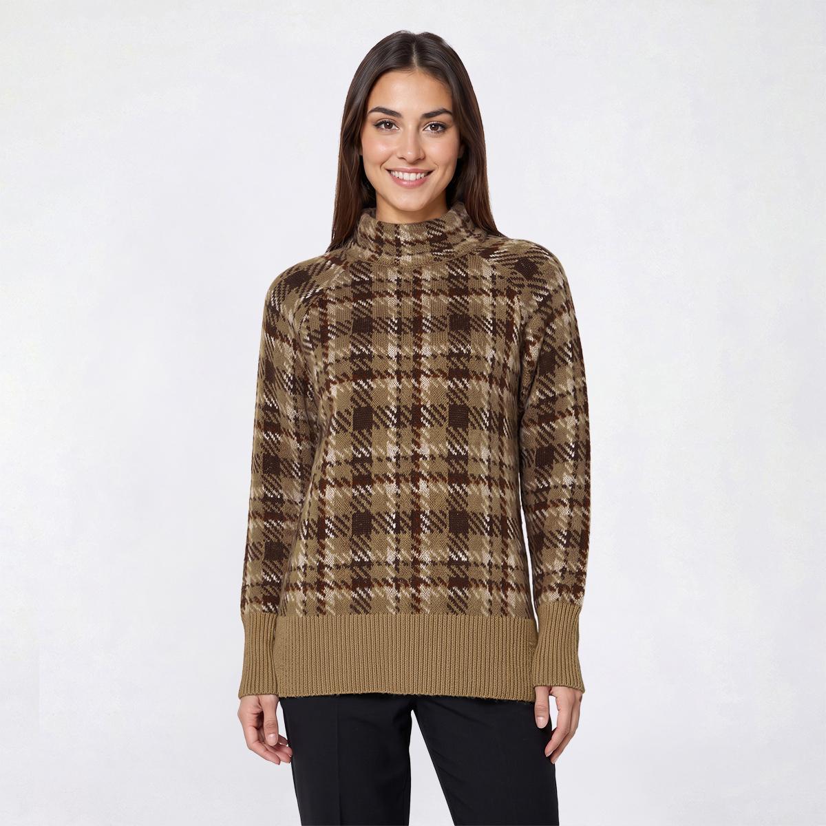 Womens Inner Circle Long Sleeve Plaid Mock Neck Sweater - Taupe