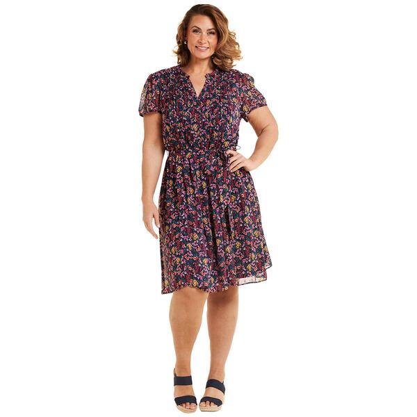 Plus Size MSK Short Sleeve Chiffon Floral Pintuck Midi Dress - image 