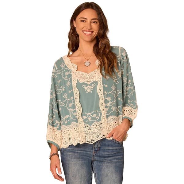 Womens Democracy 3/4 Balloon Sleeve Open Front Crochet Cardigan