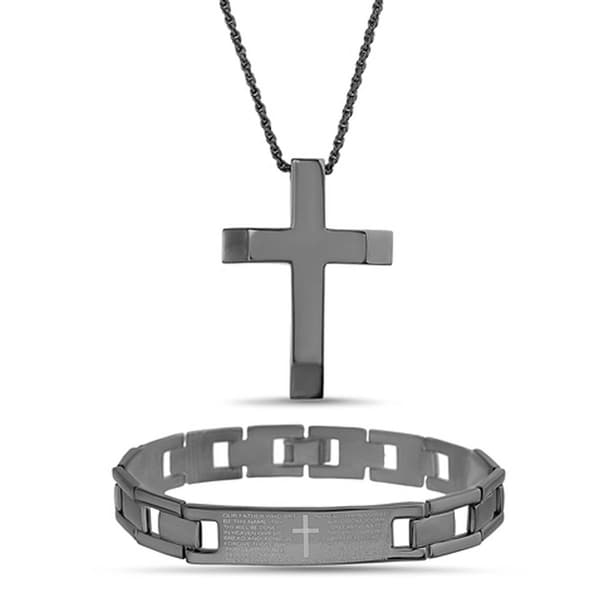 Mens Stainless Steel/Black Cross/Bracelet Set