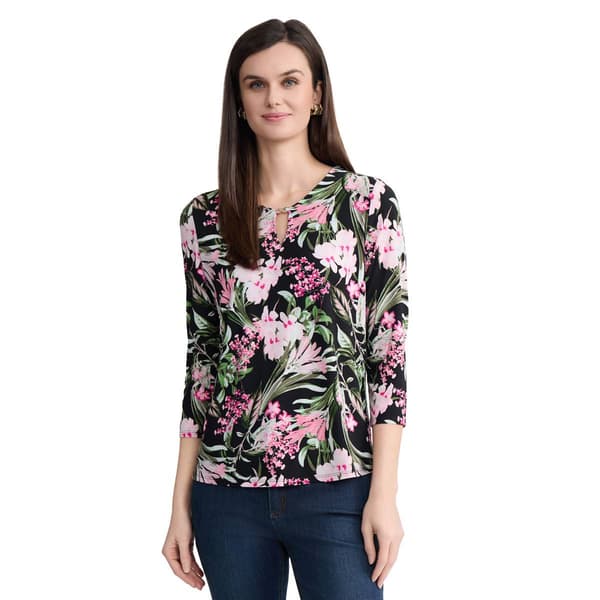 Womens Jones New York 3/4 Sleeve Keyhole Neck Floral Blouse - image 