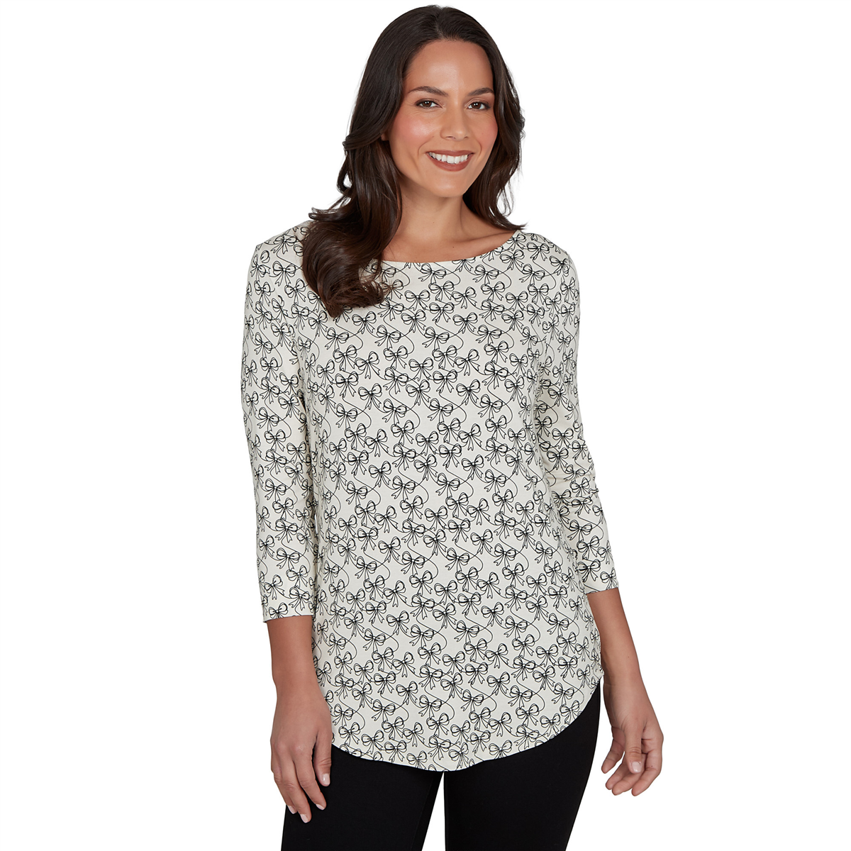 Petite Emaline Key Items 3/4 Sleeve Boat Neck Bow Blouse