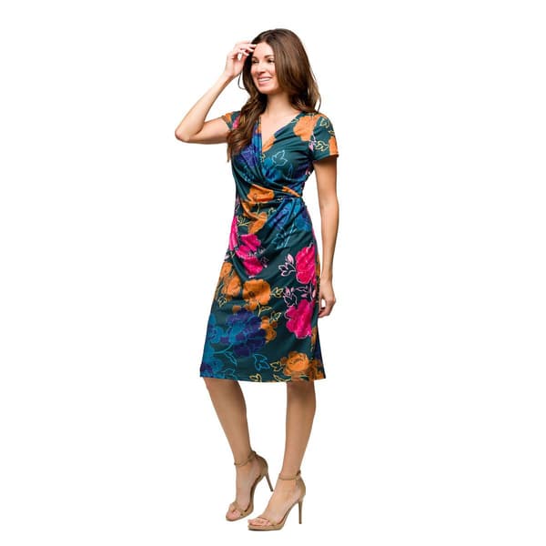 Womens 24//7 Comfort Apparel Blue Floral Faux Wrap Dress