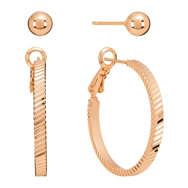 Rose Gold Plated Over Brass Ball Stud & Hoop Earrings Set - image 