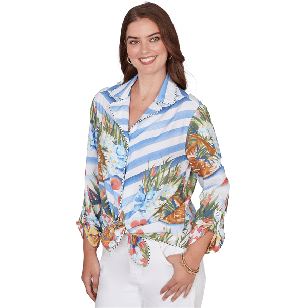 Petite Ruby Rd. Set Sail Picnic Scene Knot Front Blouse