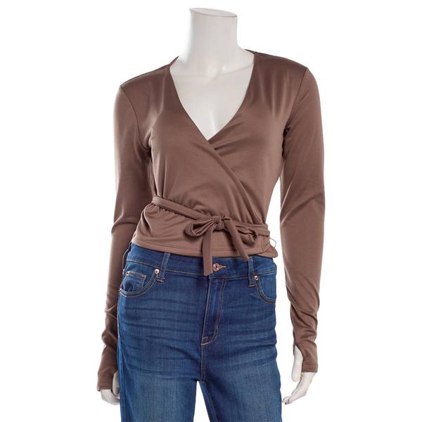 Juniors No Comment Fleece Lined Surplice Neck Tie Front Top - image 